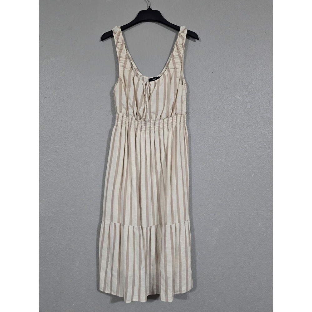 Lulus Dress Womens Large Beige Stripe Midi Sundress Scoop Neck Smocked Lined
